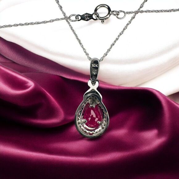 10K Gold 1CT Natural Burmese Ruby & Halo Diamond Necklace -18" -Pear Cut -2.6g - Picture 3 of 16